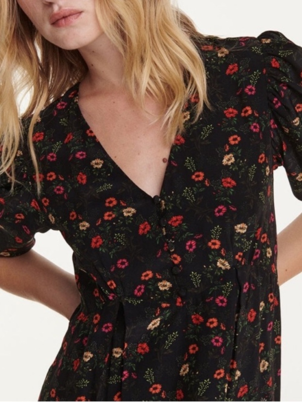The Kooples Black Floral V-Neck Puff-Sleeve Blouse